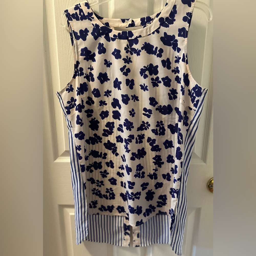 CAbi Blue and Cream Floral tunic top
